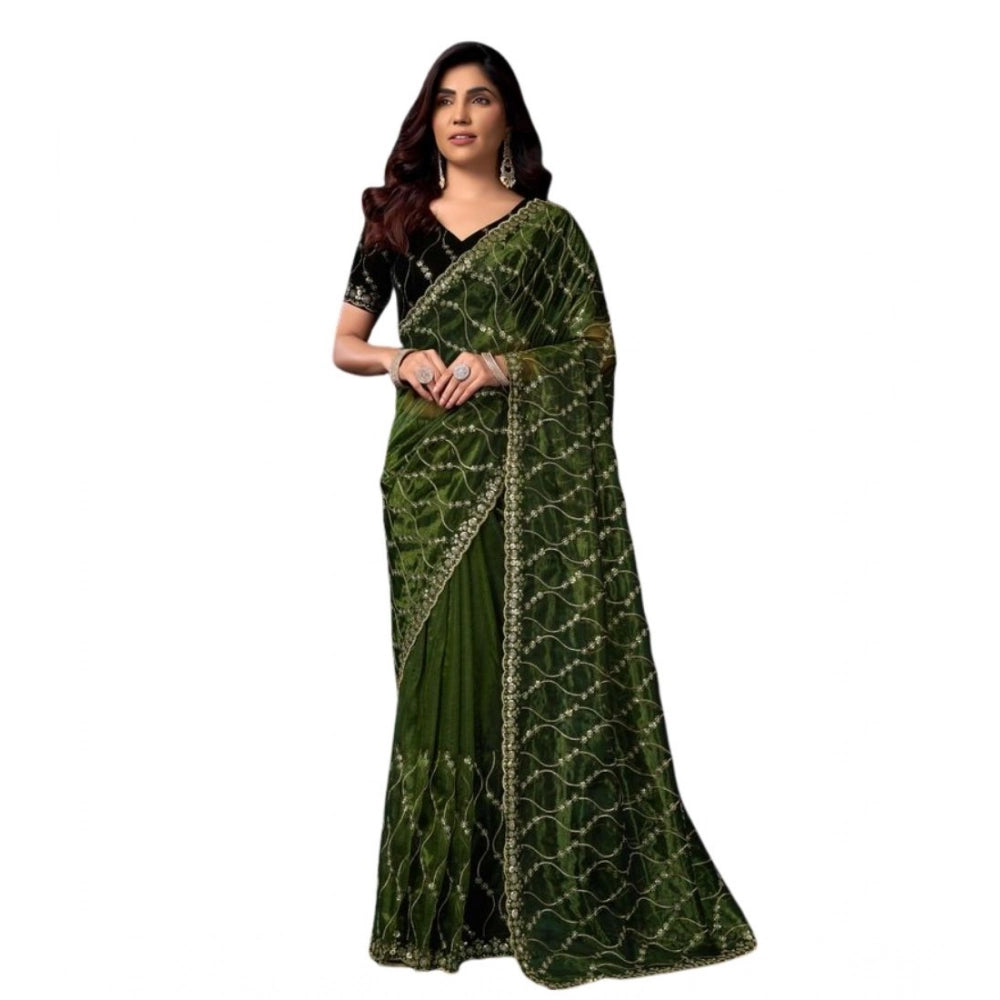 Generic Women's Net Sequence Saree With Unstitched Blouse 5.5Mtr (Light Green)