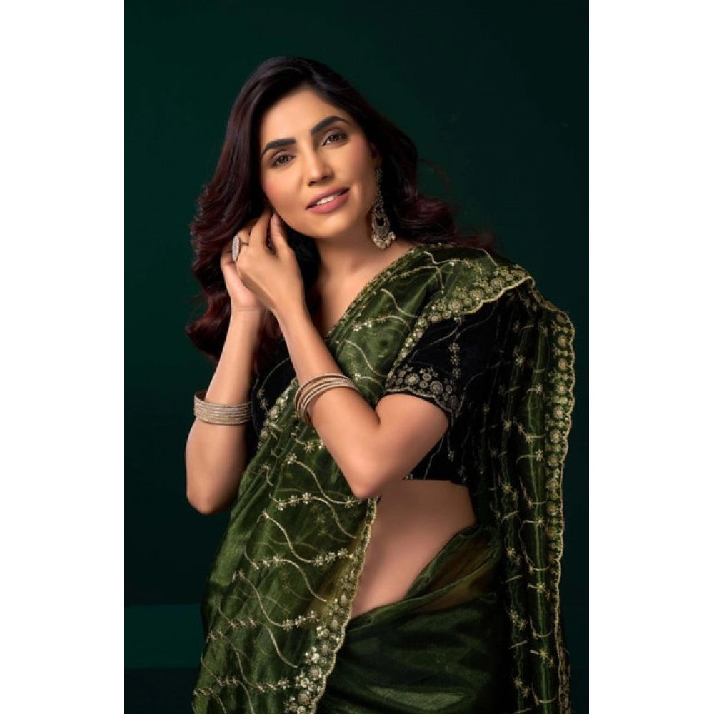 Generic Women's Net Sequence Saree With Unstitched Blouse 5.5Mtr (Light Green)