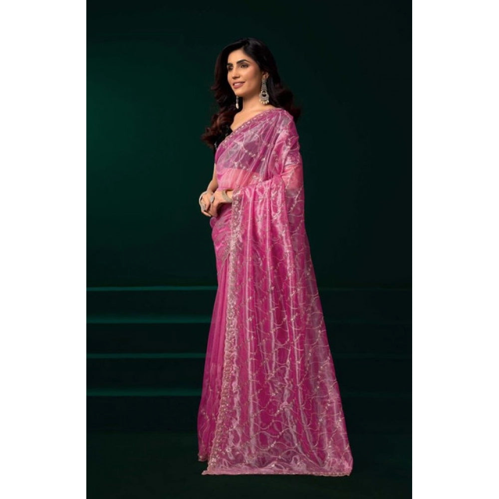 Generic Women's Net Sequence Saree With Unstitched Blouse 5.5Mtr (Light Pink)