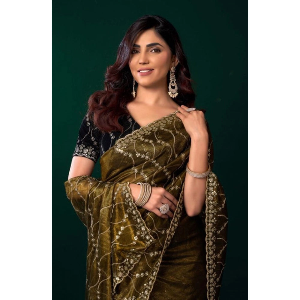 Generic Women's Net Sequence Saree With Unstitched Blouse 5.5Mtr (Mahendi)