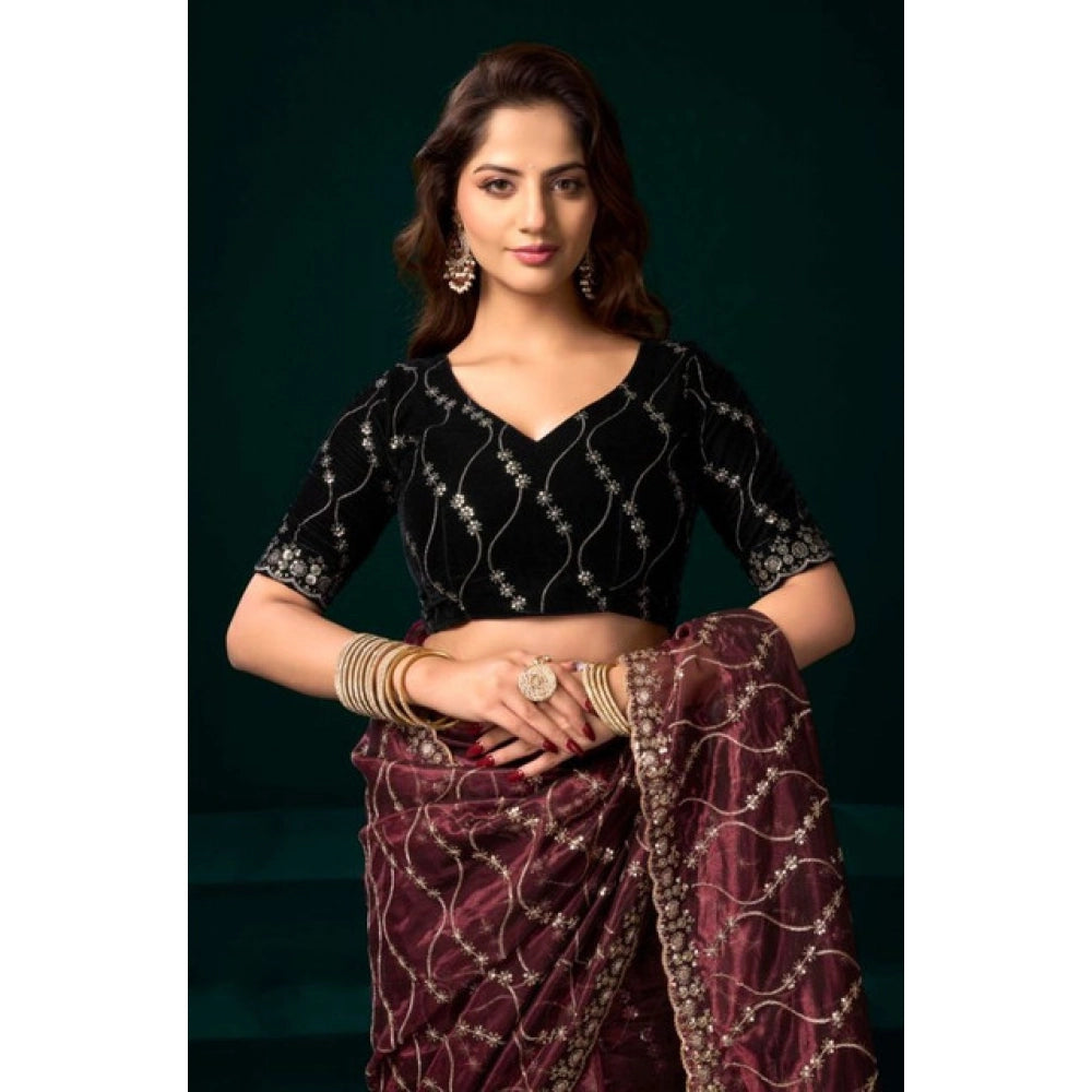 Generic Women's Net Sequence Saree With Unstitched Blouse 5.5Mtr (Maroon)