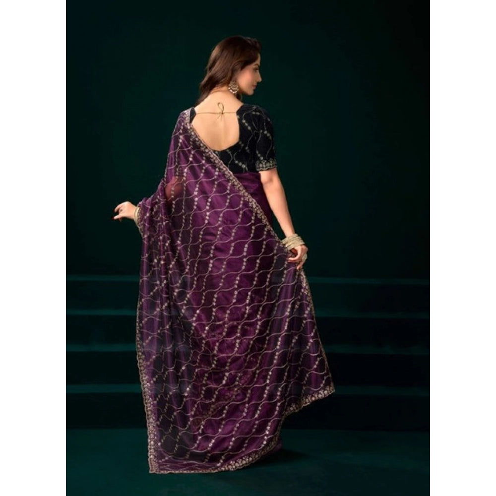 Generic Women's Net Sequence Saree With Unstitched Blouse 5.5Mtr (Purple)