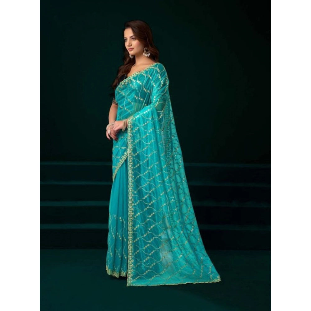 Generic Women's Net Sequence Saree With Unstitched Blouse 5.5Mtr (Turquoise)