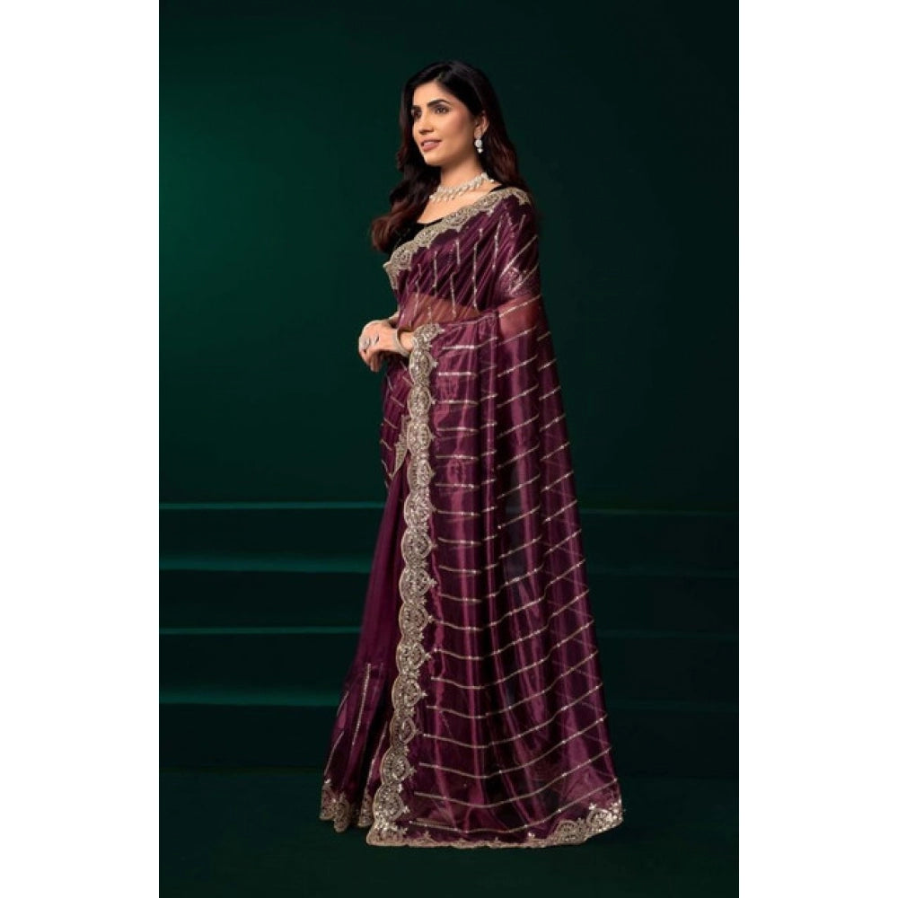 Generic Women's Net Sequence Saree With Unstitched Blouse 5.5Mtr (Maroon)