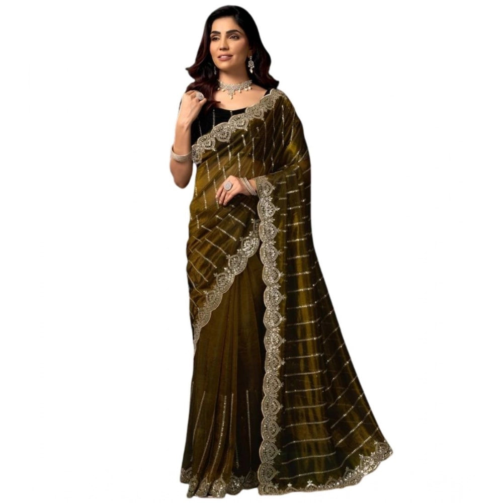 Generic Women's Net Sequence Saree With Unstitched Blouse 5.5Mtr (Olive)