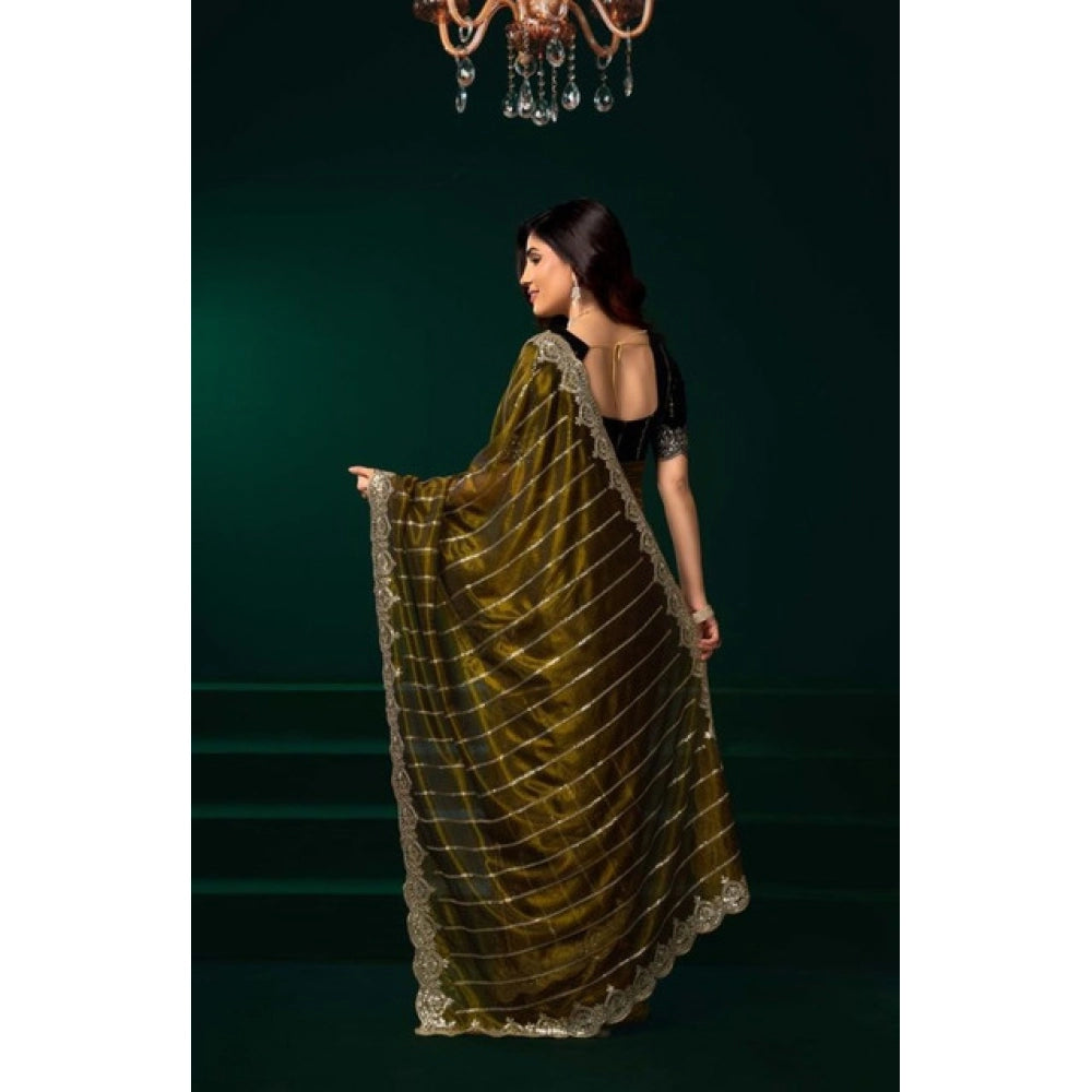 Generic Women's Net Sequence Saree With Unstitched Blouse 5.5Mtr (Olive)