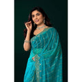 Generic Women's Net Sequence Saree With Unstitched Blouse 5.5Mtr (Turquoise)
