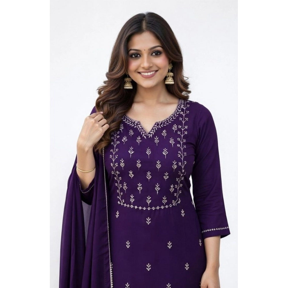 Generic Women's Georgette Ethnic Motif Round 3/4th Sleeve Kurti With Pant Dupatta Set (Purple)