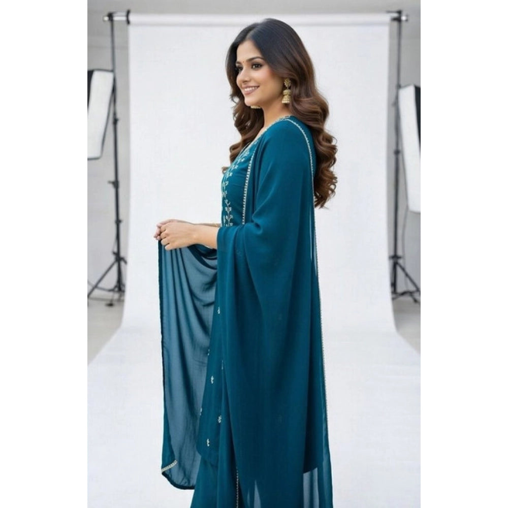 Generic Women's Georgette Ethnic Motif Round 3/4th Sleeve Kurti With Pant Dupatta Set (Teal)