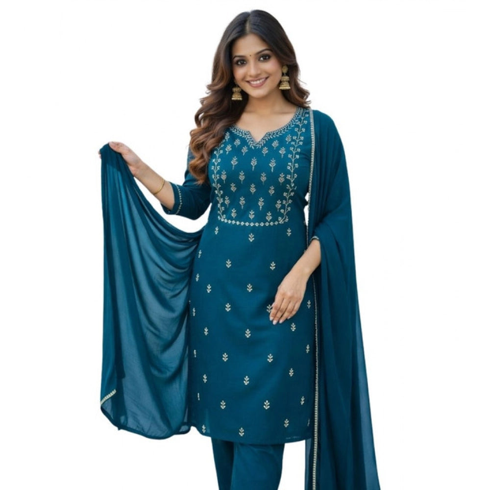 Generic Women's Georgette Ethnic Motif Round 3/4th Sleeve Kurti With Pant Dupatta Set (Teal)
