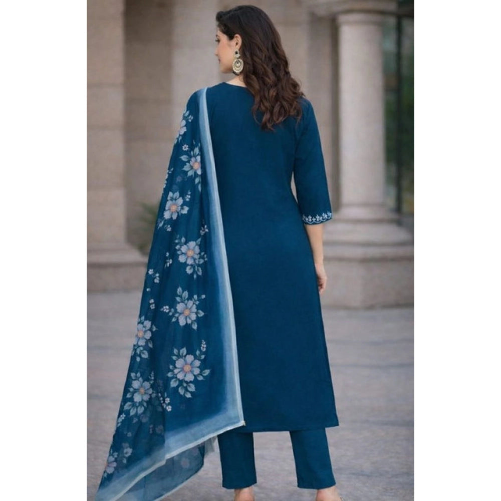 Generic Women's Chanderi Silk Ethnic Motif V-Neck 3/4th Sleeve Kurti With Pant Dupatta Set (Teal)
