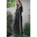 Generic Women's Chanderi Silk Ethnic Motif Round 3/4th Sleeve Kurti With Pant Dupatta Set (Black)