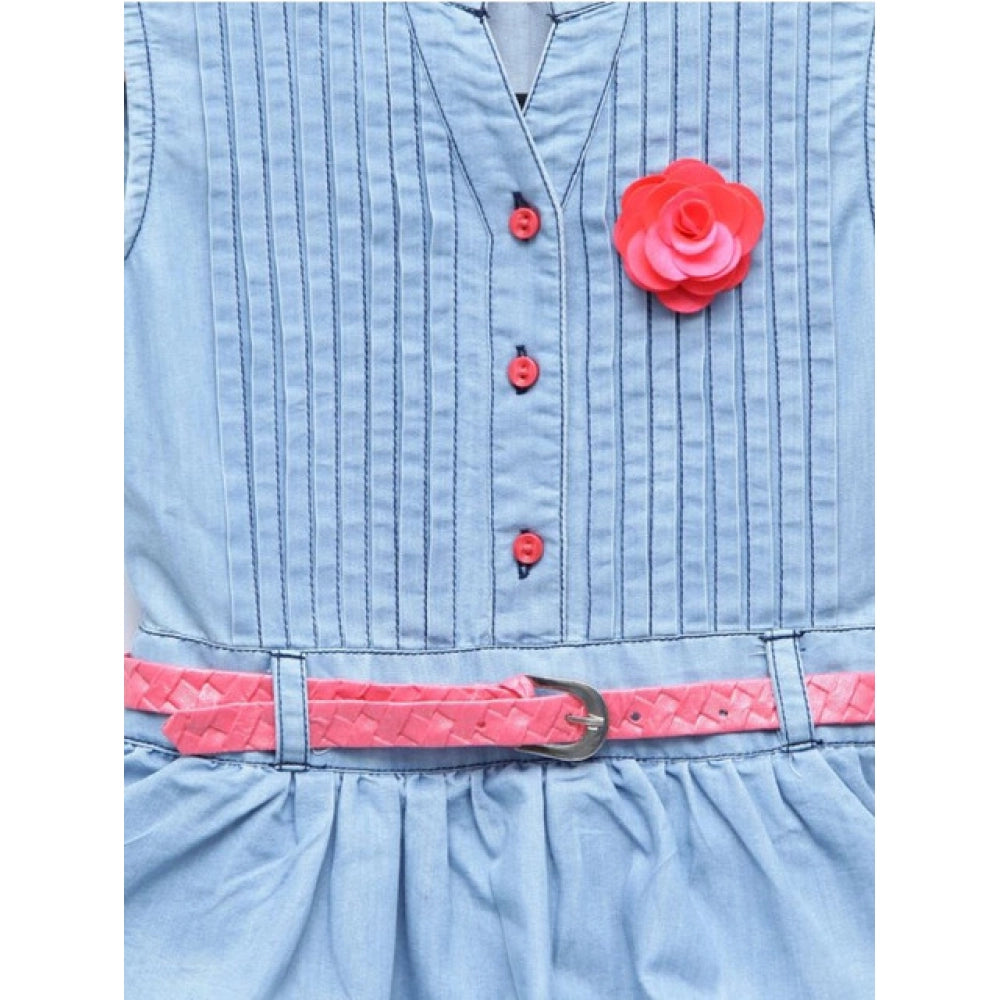 Generic Girl's Denim Embellished Sleeveless Dress with Belt (Light Blue)