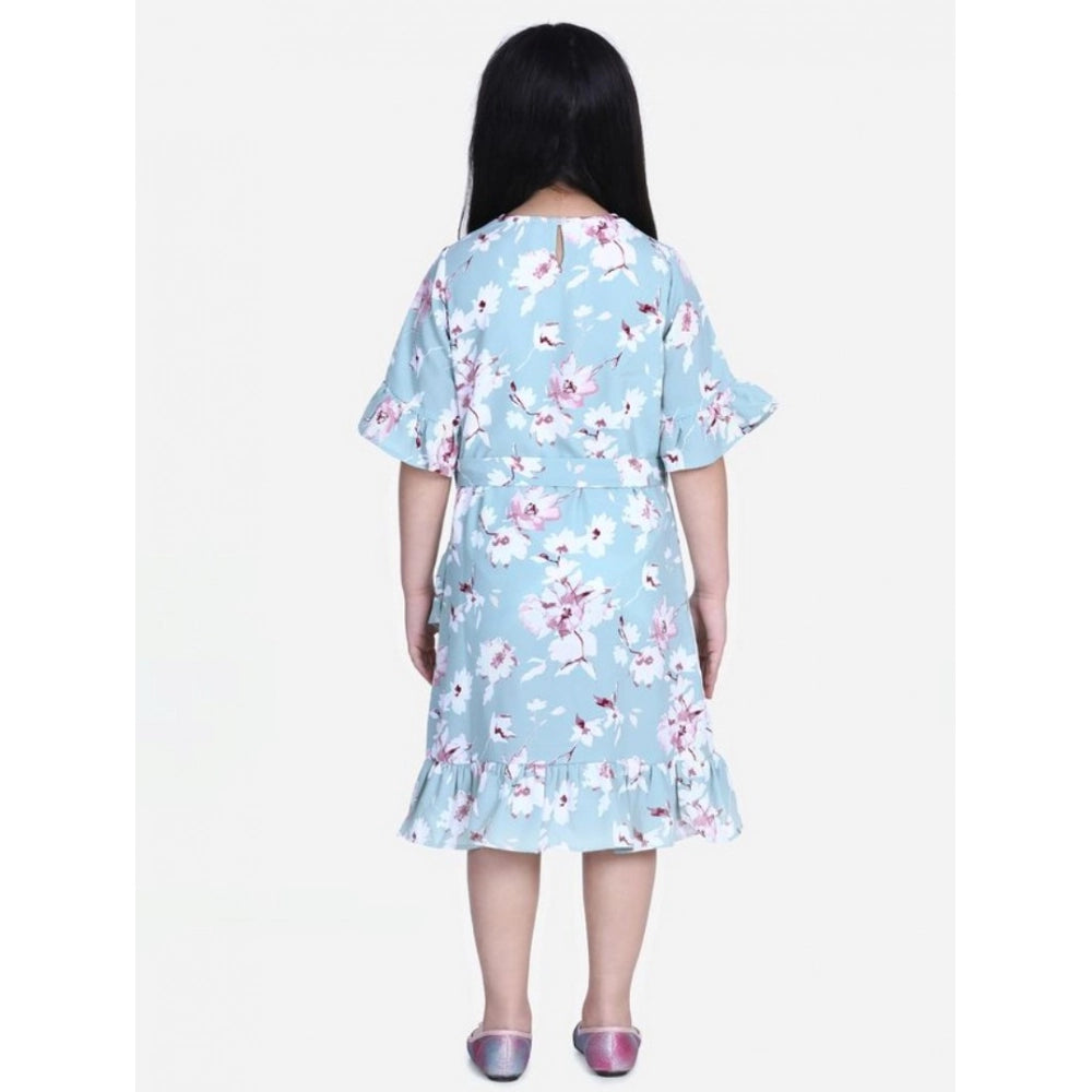 Generic Girl's Polyester Crepe Floral Bell Sleeve Dress (Turquoise Blue)