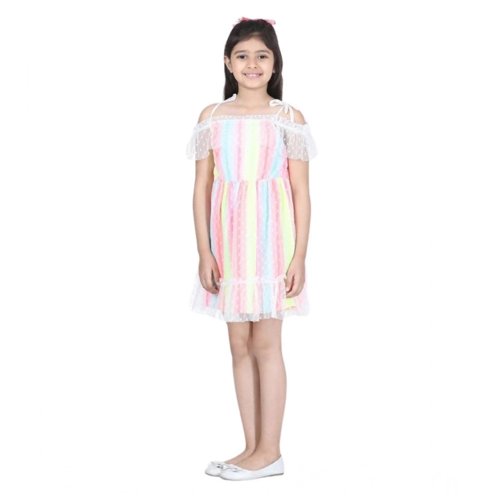 Generic Girl's Polyester Self Design Cold Shoulder Dress (Multicolor)
