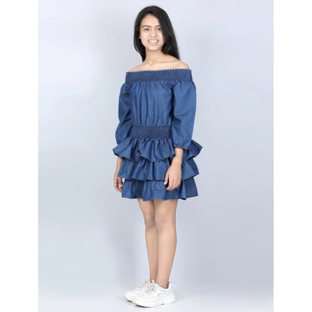 Generic Girl's Denim Solid Off Shoulder Dress (Blue)