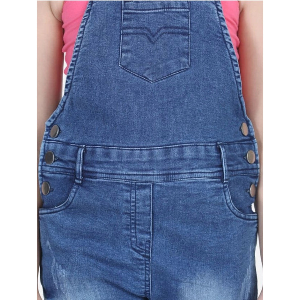 Generic Girl's Denim Washed Buttoned Dungaree (Blue)