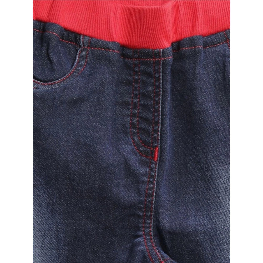 Generic Girl's Denim Ribbed Elasticated Jeans (Red-Blue)