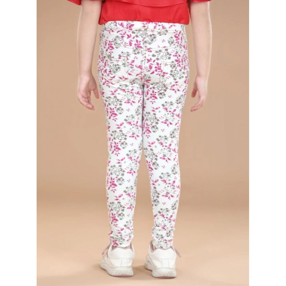 Generic Girl's Cotton Lycra Floral Elasticated Jeggings (White-Pink)