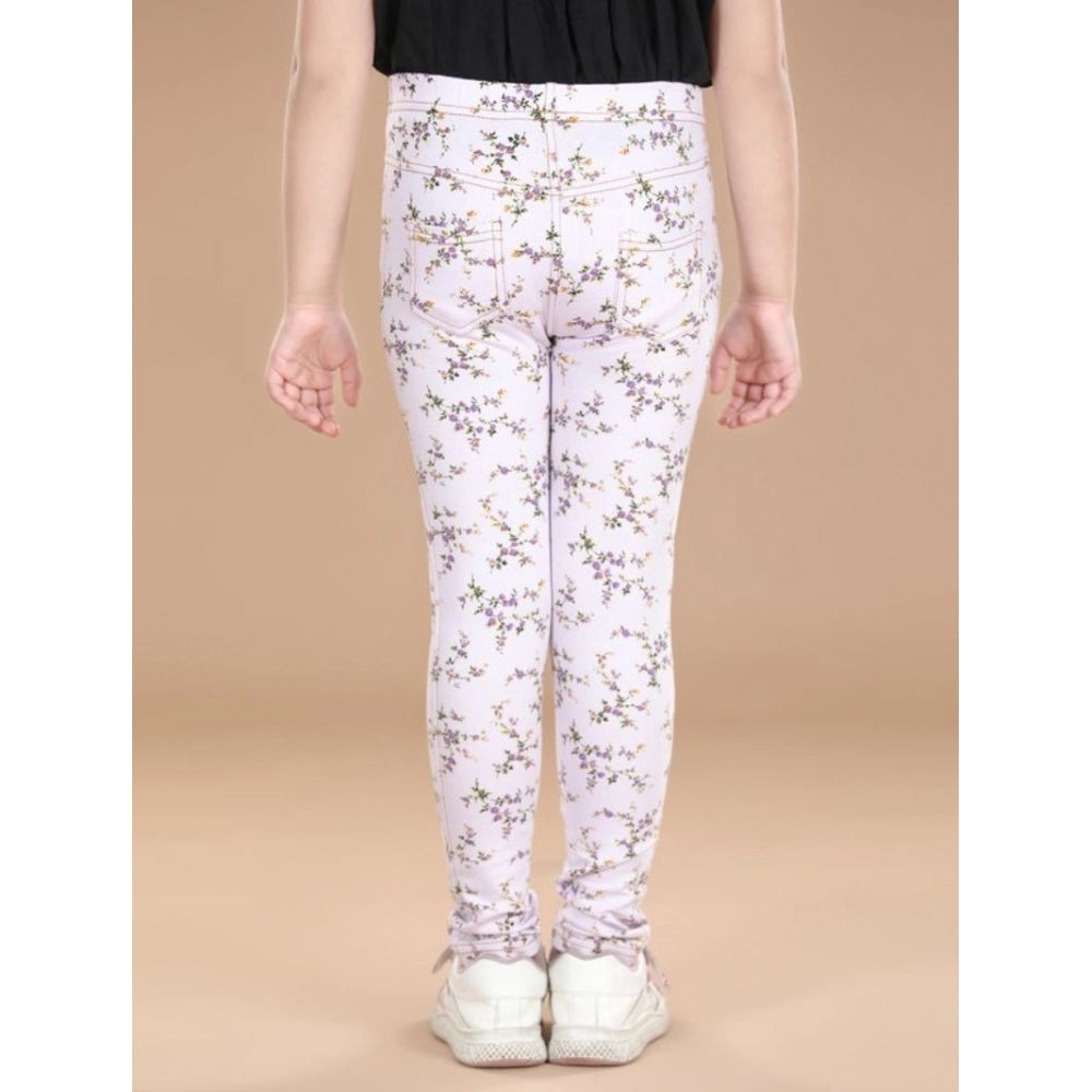 Generic Girl's Cotton Lycra Floral Elasticated Jeggings (Multicolor)