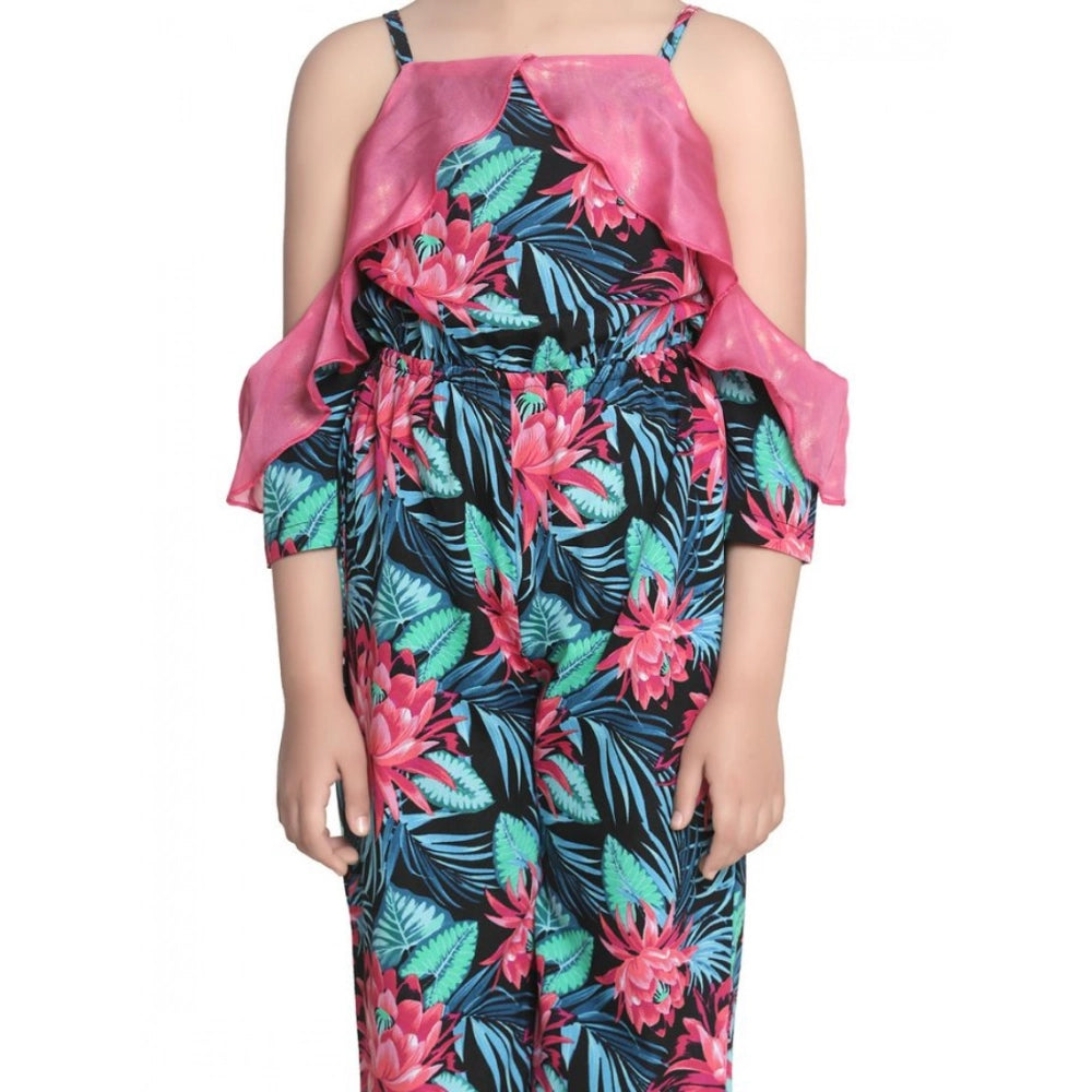 Generic Girl's Polyester Floral Cold Shoulder Jumpsuit (Pink)