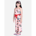 Generic Girl's Polyester Crepe Floral Shoulder Straps Jumpsuit (Peach-Red)