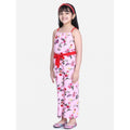 Generic Girl's Polyester Crepe Floral Shoulder Straps Jumpsuit (Pink-Red)