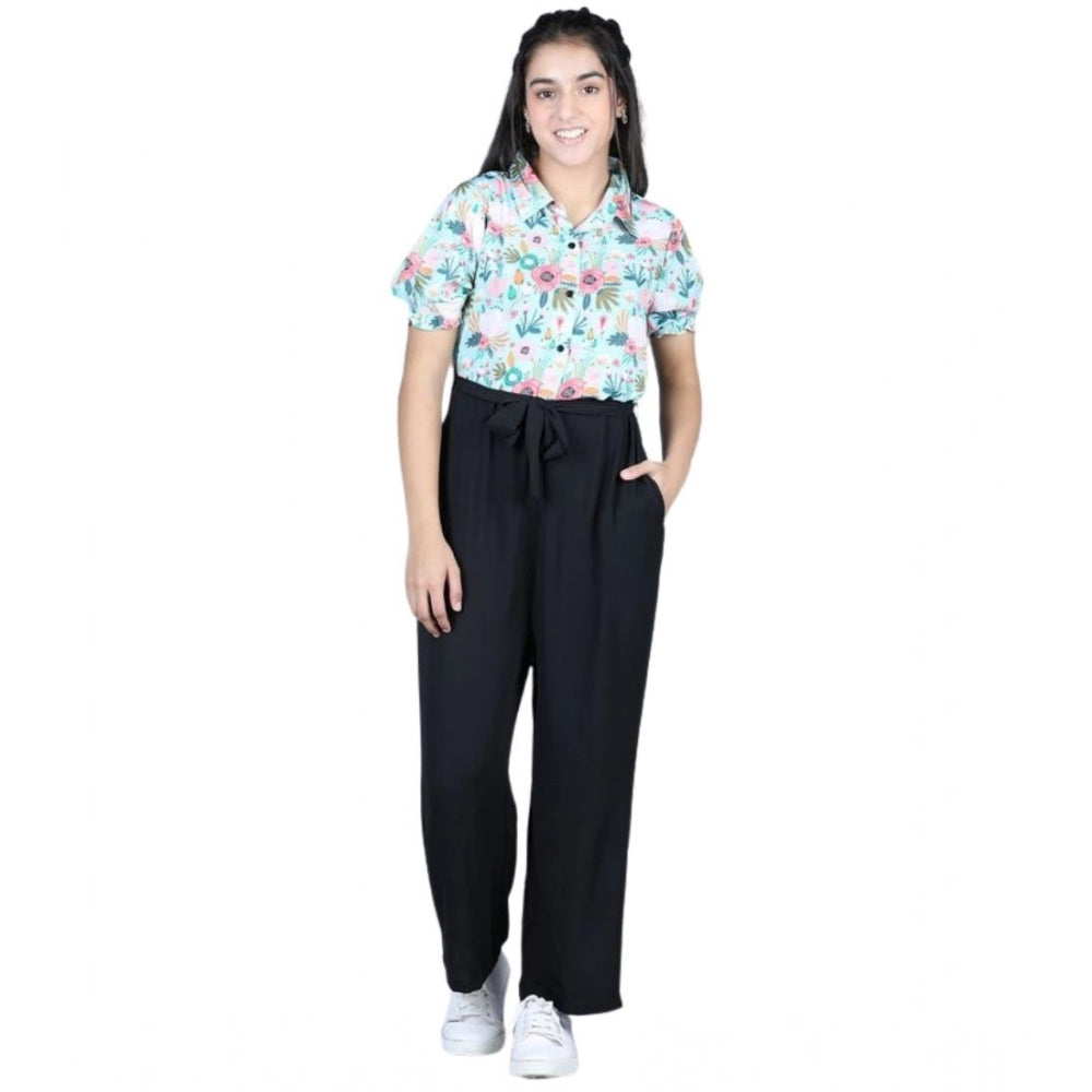 Generic Girl's Polyester Floral Short Sleeves Jumpsuit (Green-Black)