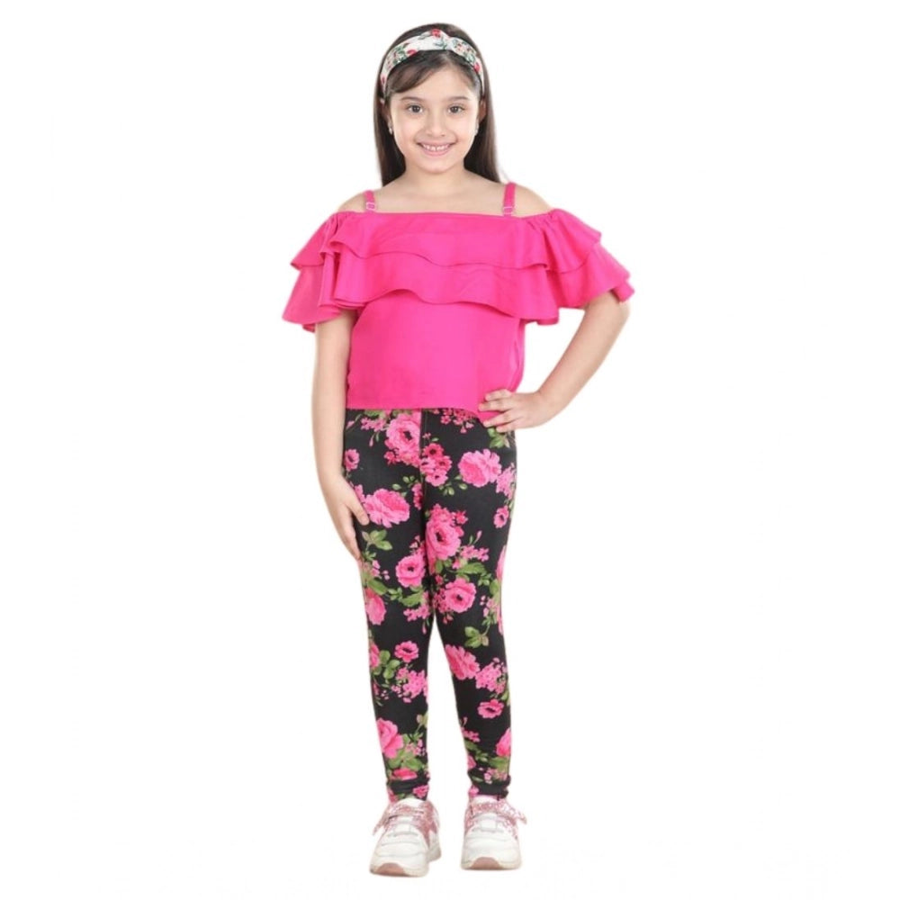 Generic Girl's Cotton Floral Elasticated Jegging and Top Set (Black-Pink)
