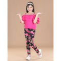 Generic Girl's Cotton Floral Elasticated Jegging and Top Set (Black-Pink)