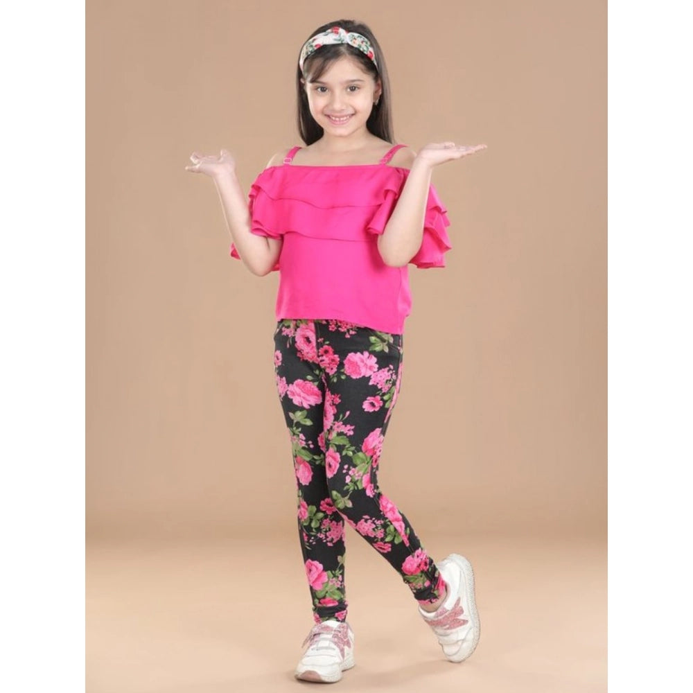 Generic Girl's Cotton Floral Elasticated Jegging and Top Set (Black-Pink)