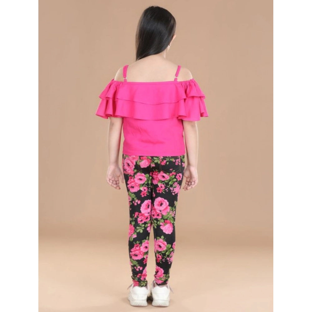 Generic Girl's Cotton Floral Elasticated Jegging and Top Set (Black-Pink)