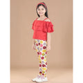 Generic Girl's Cotton Floral Elasticated Jegging and Top Set (Red)