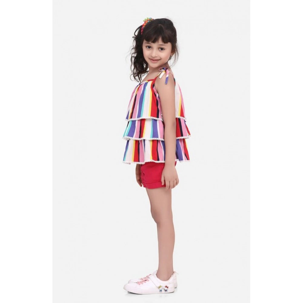 Generic Girl's Polyester Crepe Striped Tie Ups Shorts Set (Multicolor)