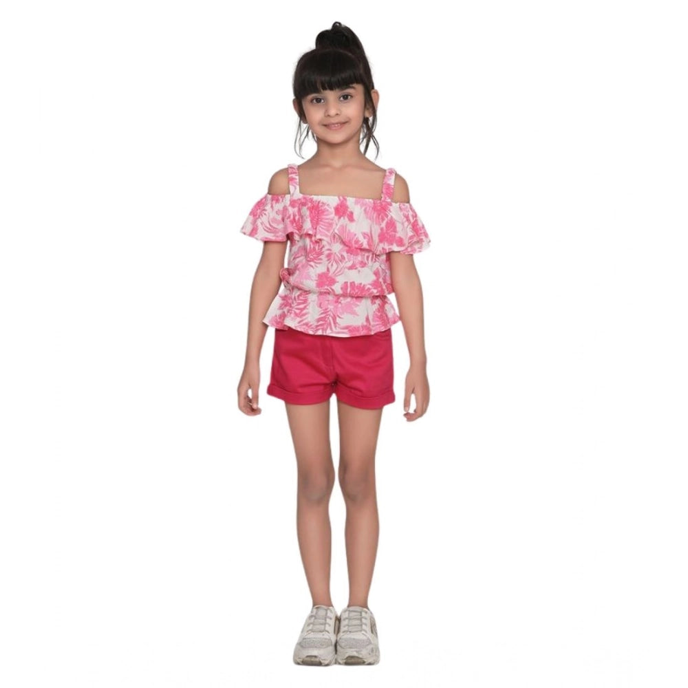 Generic Girl's Cotton Floral Cold Shoulder Top and Shorts Set (Pink-Red)