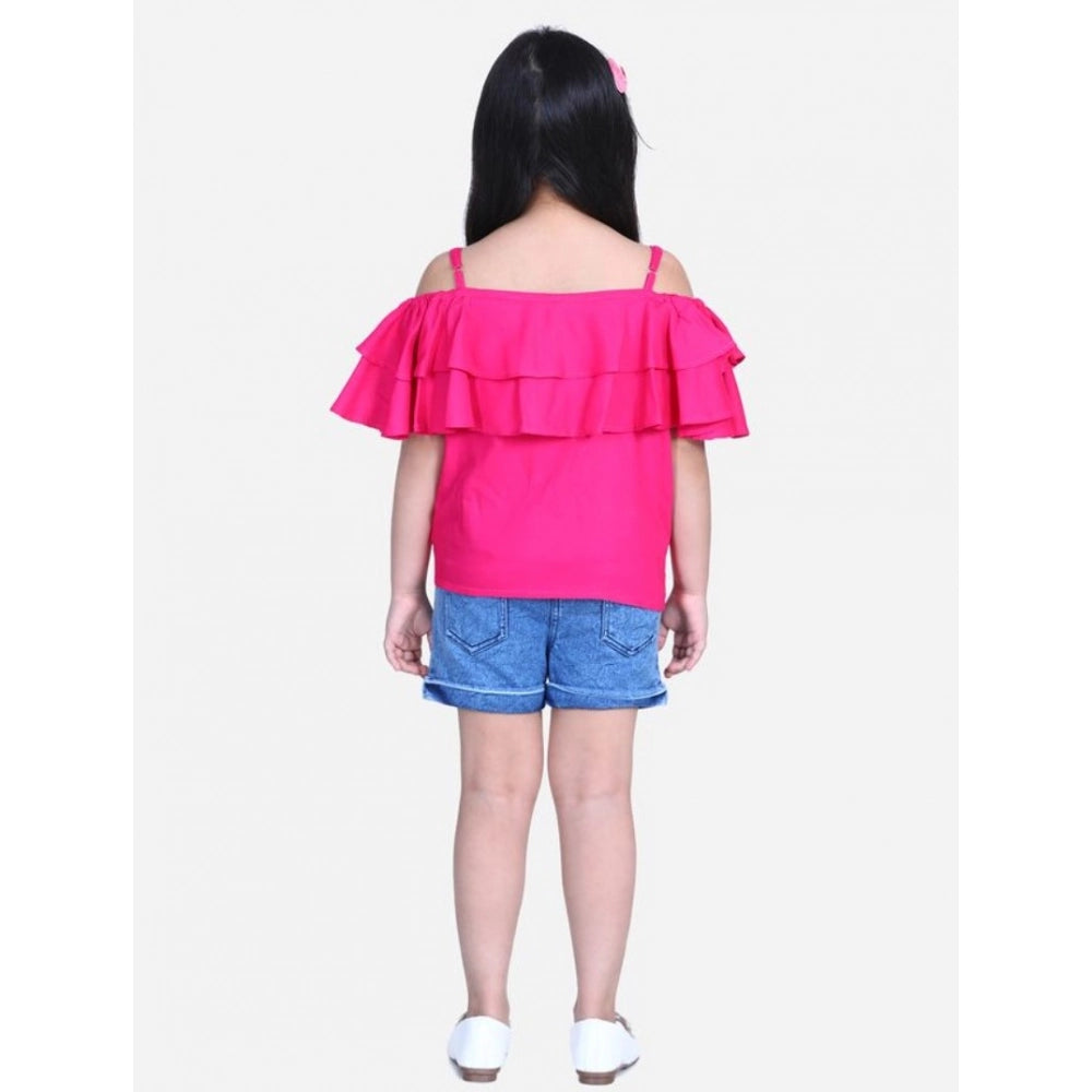 Generic Girl's Rayon Solid Cold Shoulder Top with Shorts (Pink-Blue)