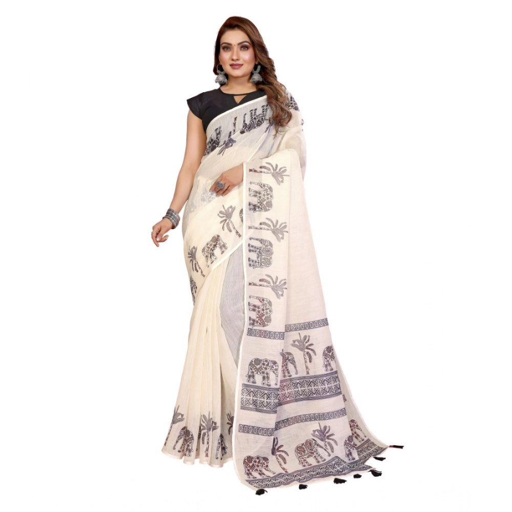 Generic Women's Linen Cotton Printed Saree With Unstitched Blouse 5.5Mtr (Off White)