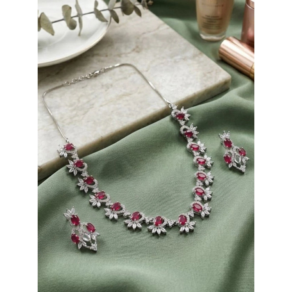 Generic Women's Brass Silver Plated Necklace set (Red)
