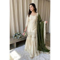Generic Women's Silk Embroidered 3/4th Sleeve V-Neck Kurti With Sharara Pant and Dupatta Set (Cream &amp; Green)