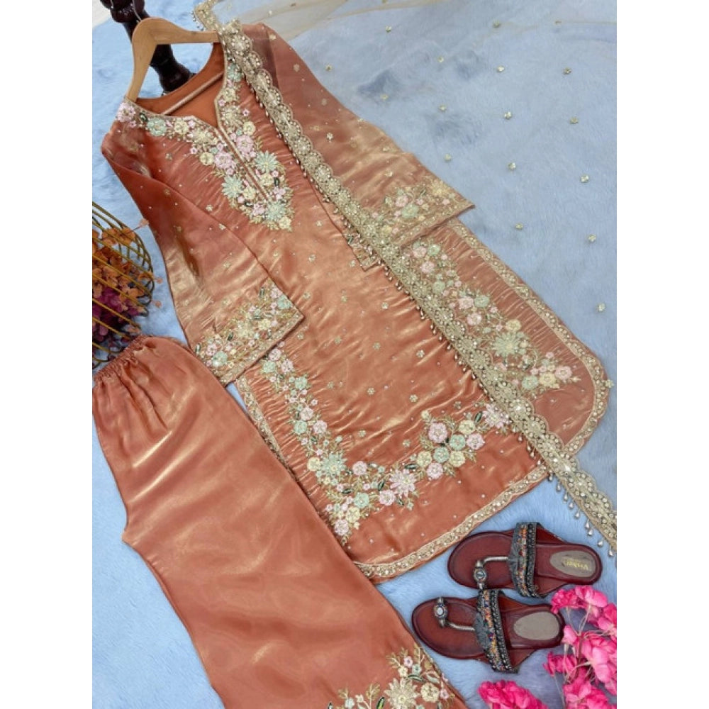 Generic Women's Silk Embroidered 3/4th Sleeve Round Kurti With Palazzo Pant and Dupatta Set (Orange)