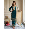 Generic Women's Silk Embroidered 3/4th Sleeve Round Kurti With Palazzo Pant and Dupatta Set (Teal)