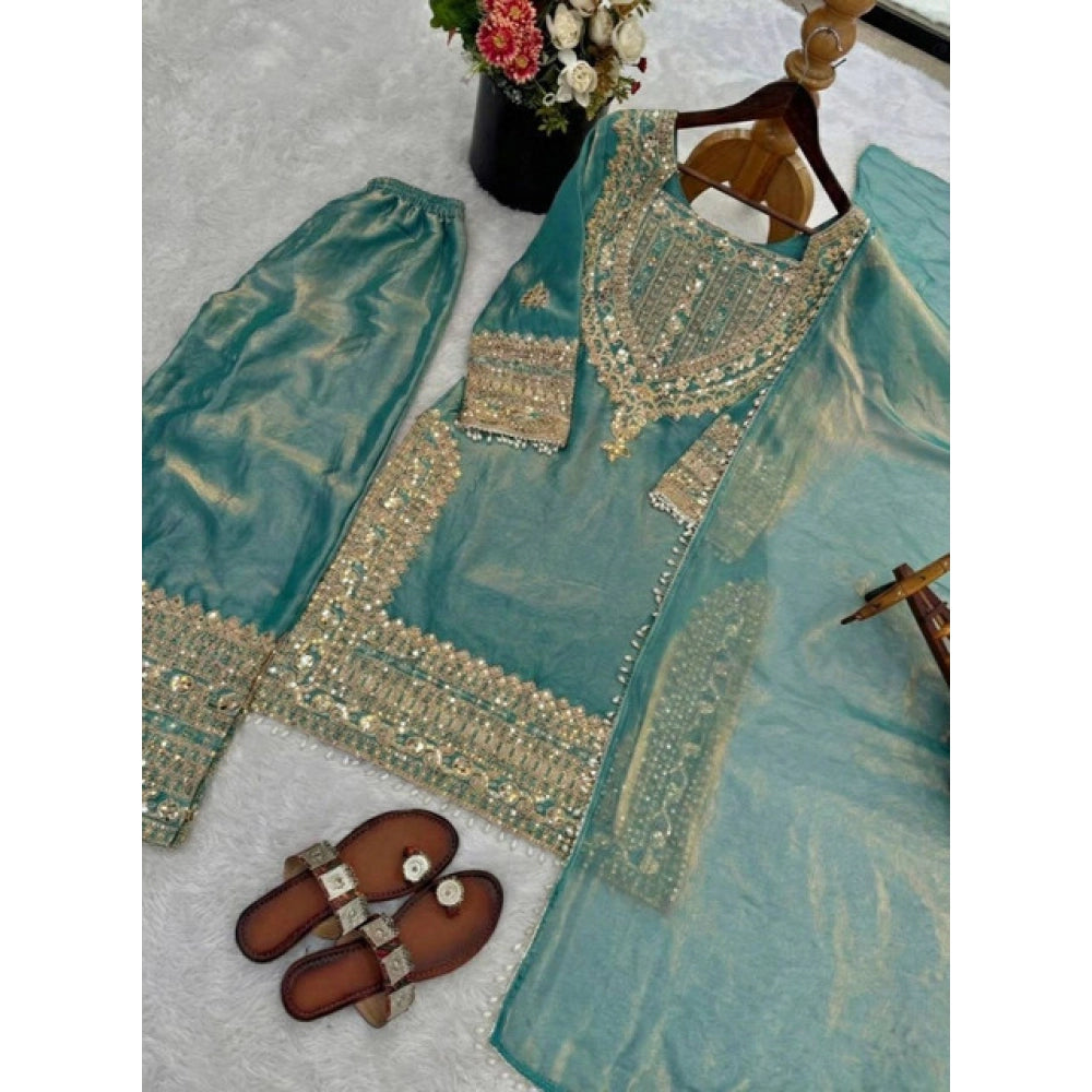 Generic Women's Silk Embroidered 3/4th Sleeve Round Kurti With Sharara Pant and Dupatta Set (Sea Green)