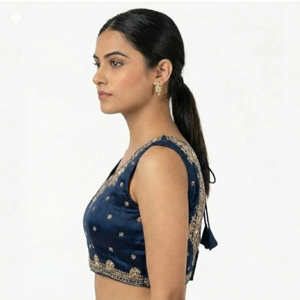 Generic Women's Silk Embroidered V-Neck Sleeveless Readymade Padded Blouse (Blue, Size 38)
