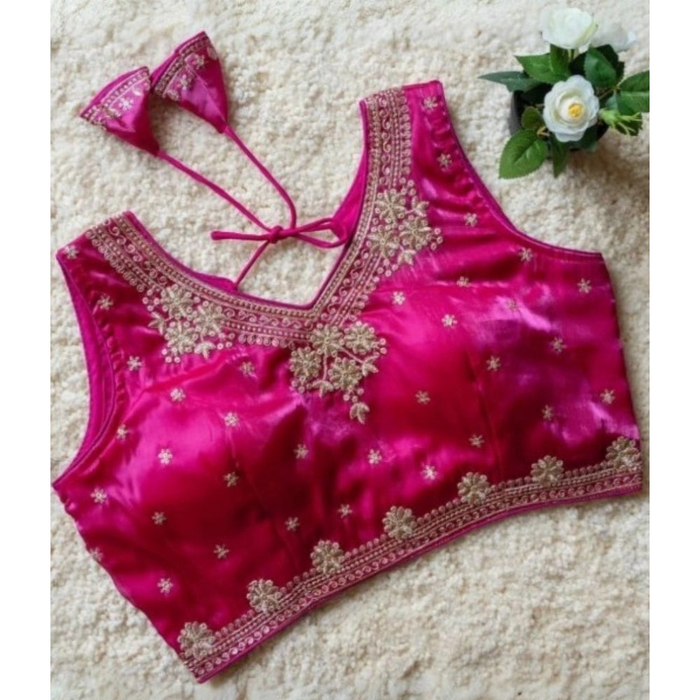 Generic Women's Silk Embroidered V-Neck Sleeveless Readymade Padded Blouse (Pink, Size 38)
