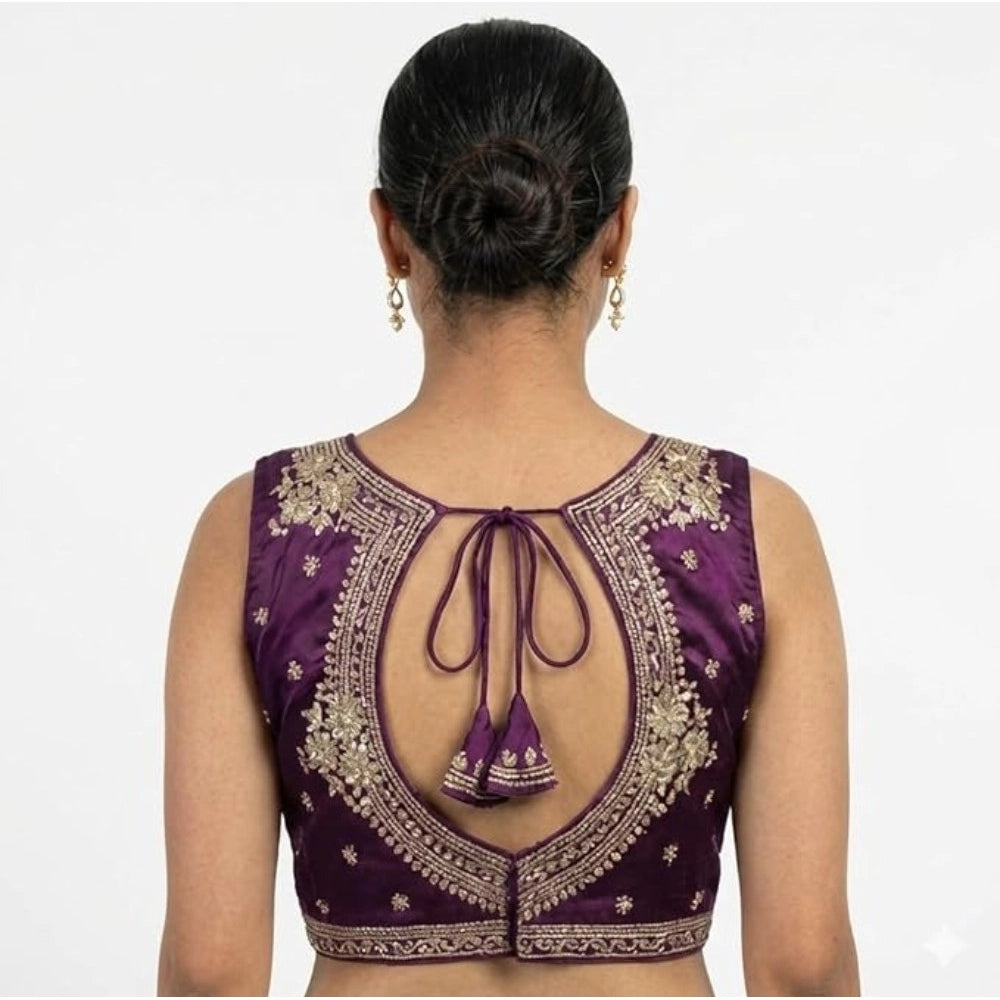 Generic Women's Silk Embroidered V-Neck Sleeveless Readymade Padded Blouse (Wine, Size 38)