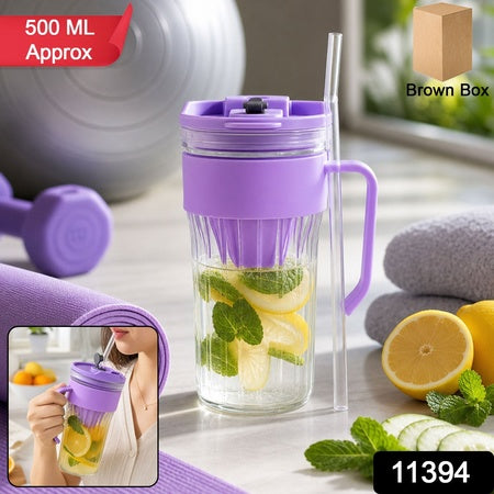 Glass Tumbler With Lid Straw And Handle For Cold Beverages And Juice (1 Pc)